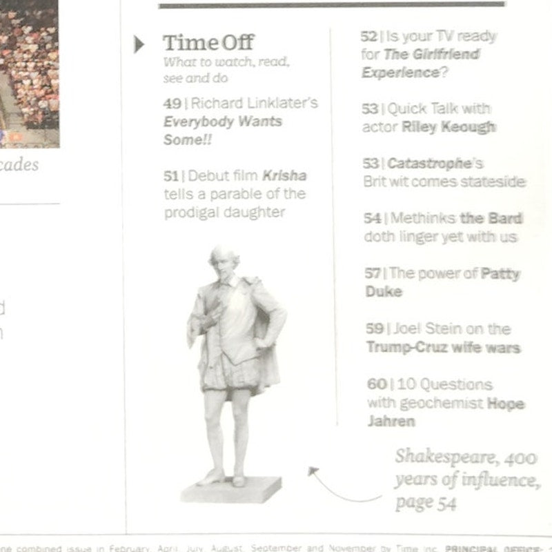 Time Magazine April 11, 2016 PØRN Cover, Shakespeare,  Collectible Back Issue