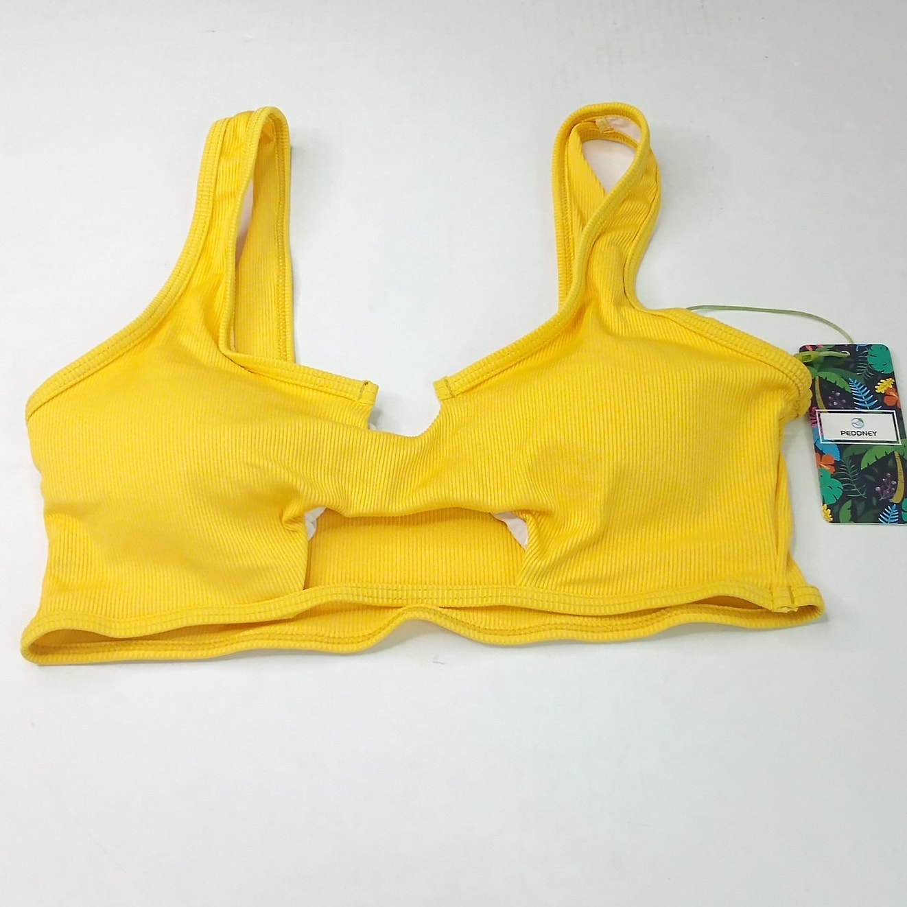 Peddney Yellow Ribbed Bikini Top Women’s Medium Scoop Neck Cutout Swim NWT