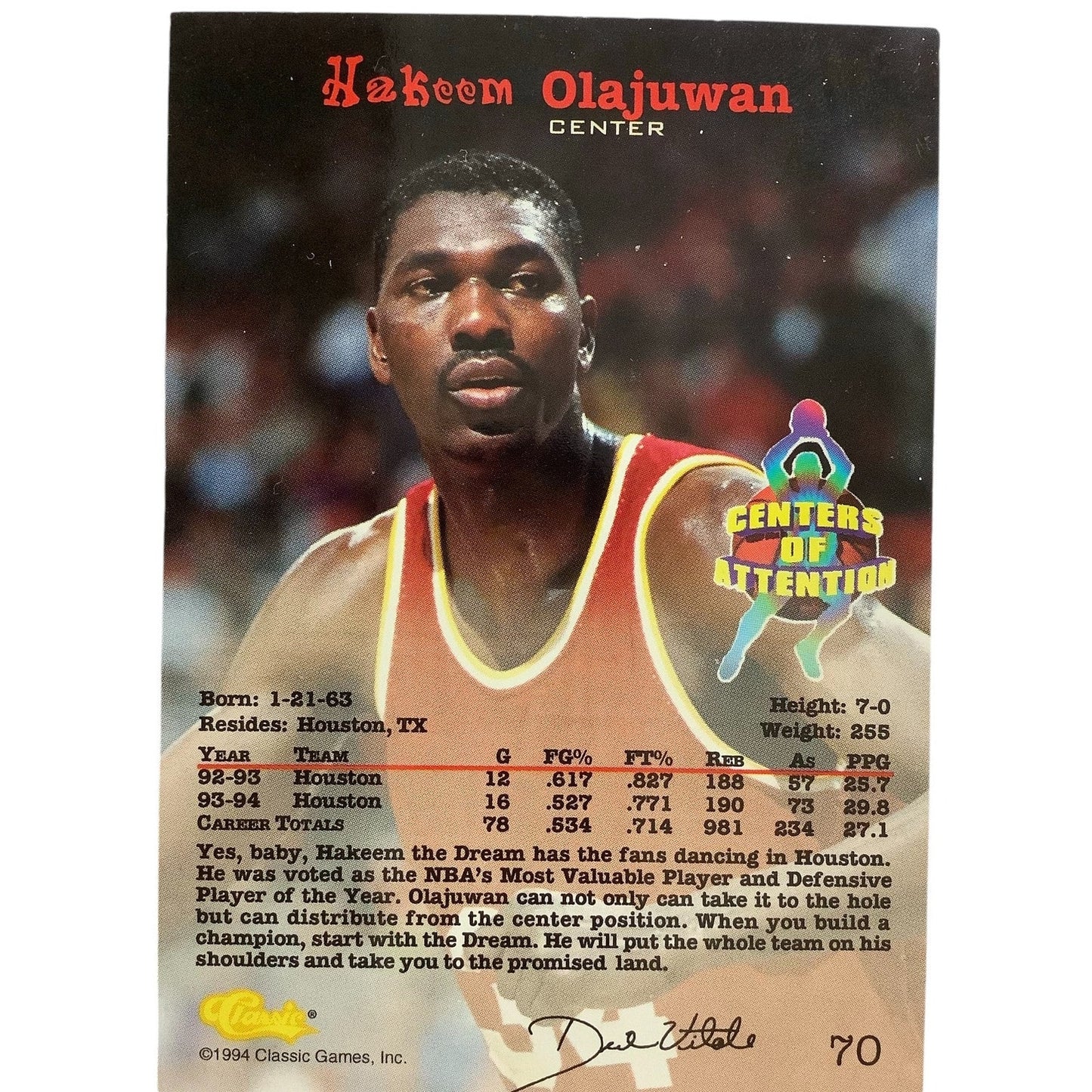 Hakeem Olajuwan, Houston, Classics 1994 Centers of Attention, Card 70 EXC