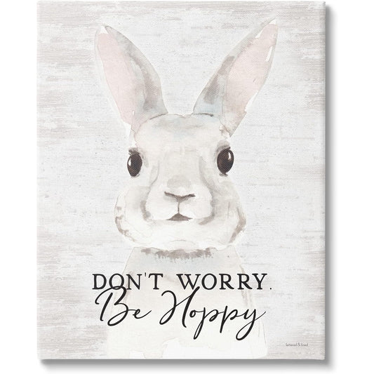 16x20 Don’t Worry Be Hoppy, Bunny Humor Stretched Canvas Wall Art – Wood Frame