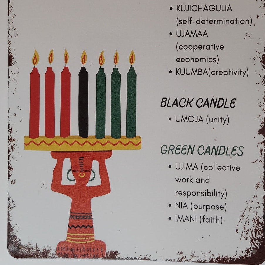Kwanzaa 7 Principles Tin Sign, African American Candle Art, 8x12" Retro Decor