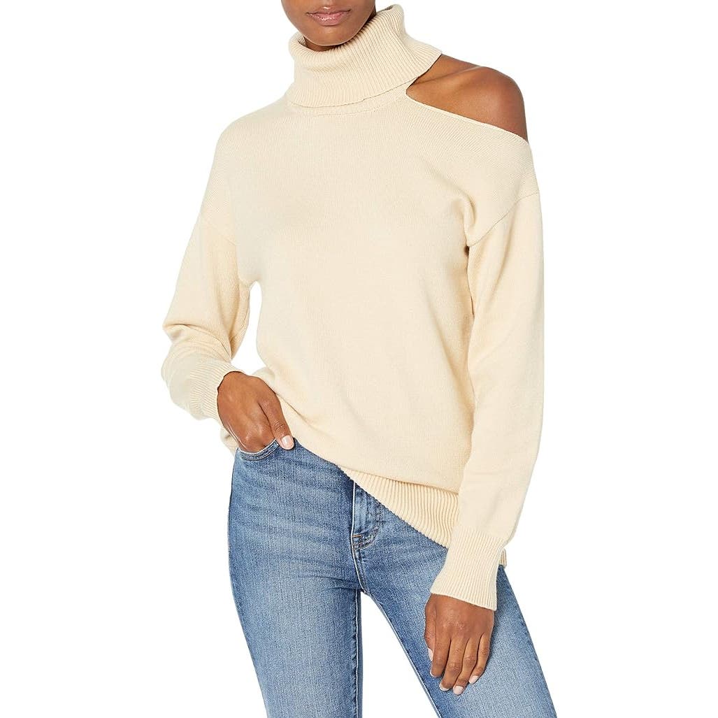 Women's Josephine Long Sleeve Cutout Loose Turtlenck Sweater , Crème Brulee, L