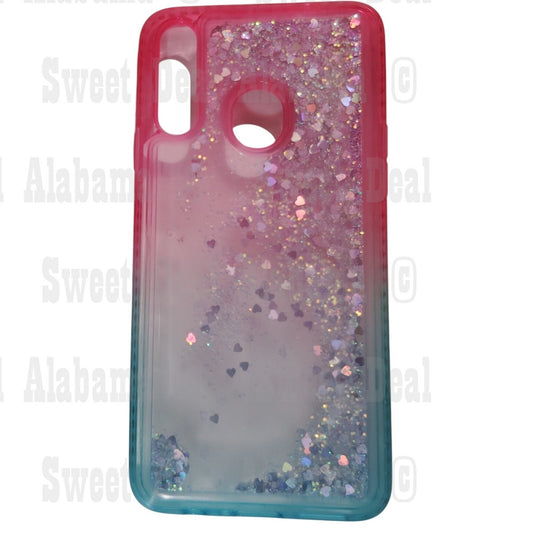 Cellphone Case For Samsung Galaxy A20s, Pink/Aqua w/ Glitter/Hearts Quicksand