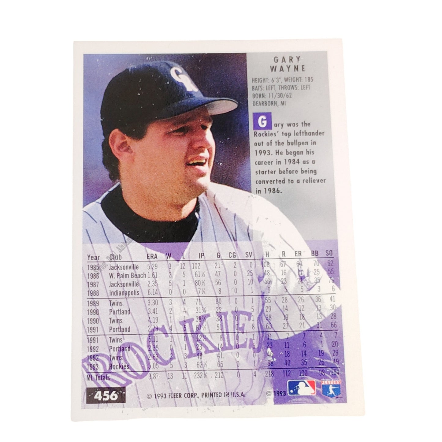 Gary Wayne, Colorado Rockies, #456, 1994 Fleer Baseball Collector's Card