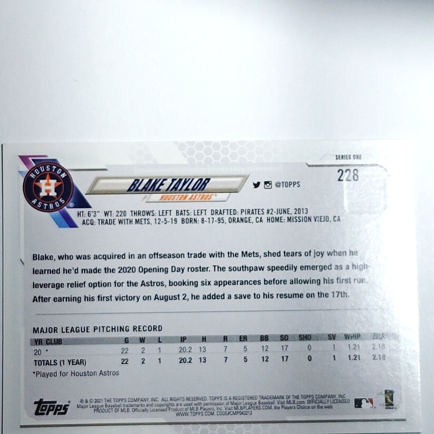2021 Topps Series 1 Blake Taylor 228 RC Houston Astros Pitcher Rookie VG/EX