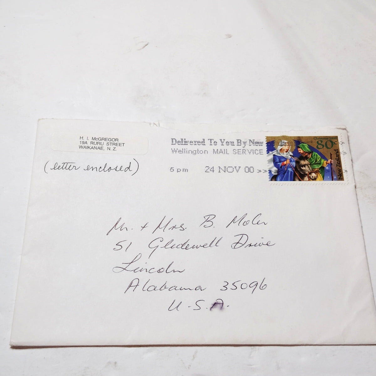 New Zealand 2000 Christmas 80c Nativity Stamp Cover to USA Alabama Postmarked