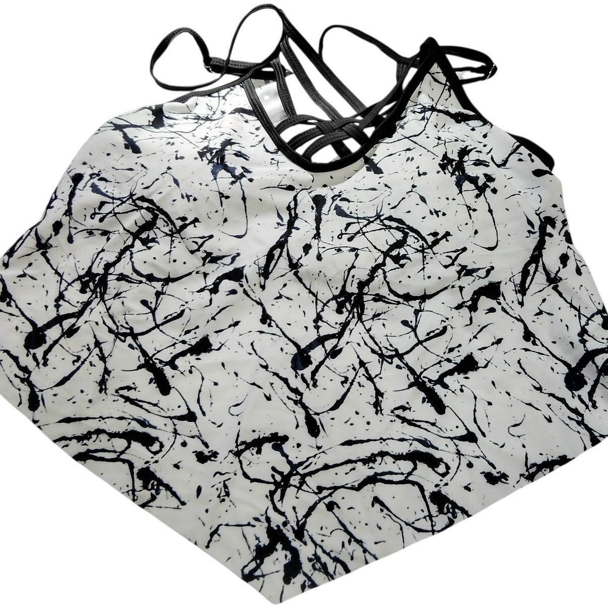 Women’s Strappy Swim Top – Black/White Splatter – Large – NWOT