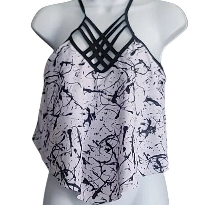 Women’s Strappy Swim Top – Black/White Splatter – Large – NWOT