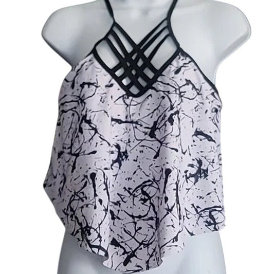Women’s Strappy Swim Top – Black/White Splatter – Large – NWOT