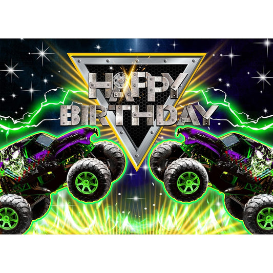 Monster Truck Birthday Backdrop 7×5 ft Green Car Racing Party Background