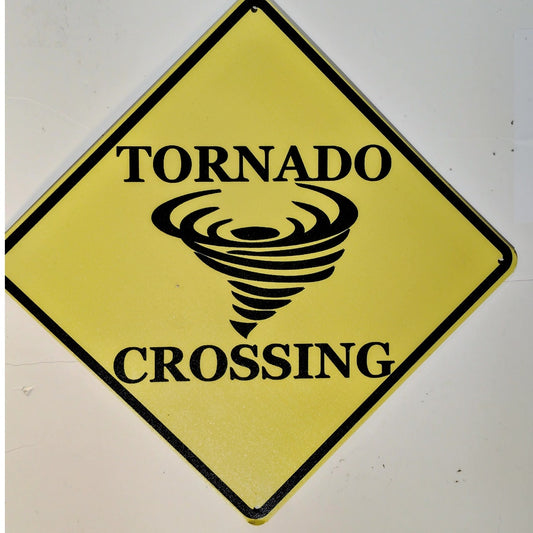Tornado Crossing Tin Sign – 11" x 11" – Yellow Diamond Warning Plaque