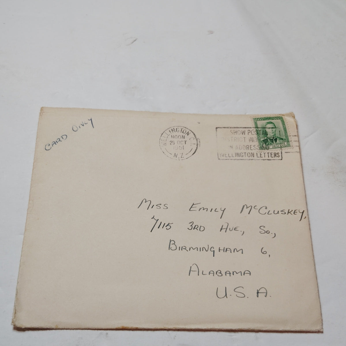 1951 New Zealand KGVI 1d Green Stamp Cover Wellington to Alabama USA
