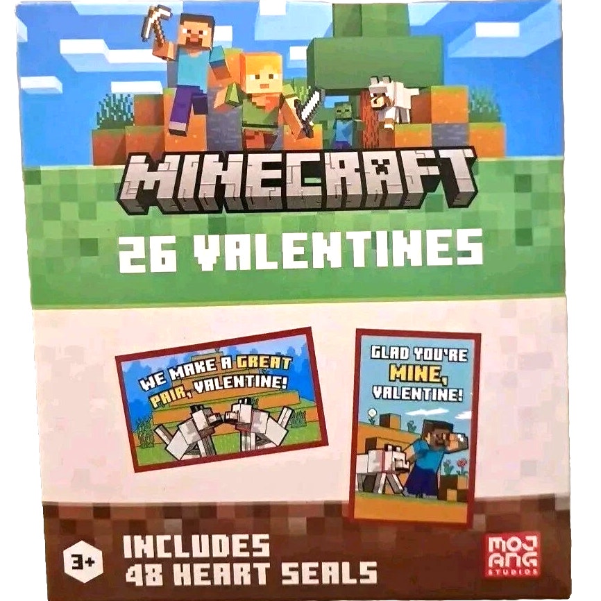 Minecraft Valentines – 26 Cards + 48 Heart Seals, Ages 3+, Mojang Studios