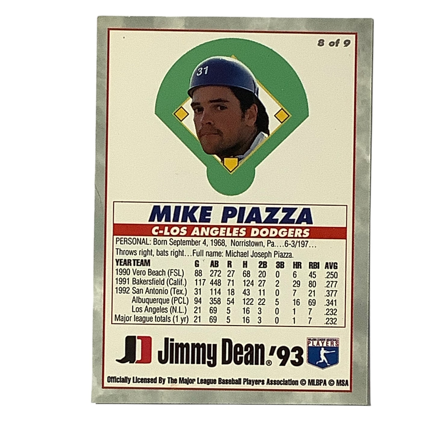 1993 Rookies, Mike Piazza, Los Angeles Dodgers, MLB, Jimmy Dean, Card 8, EX/NM
