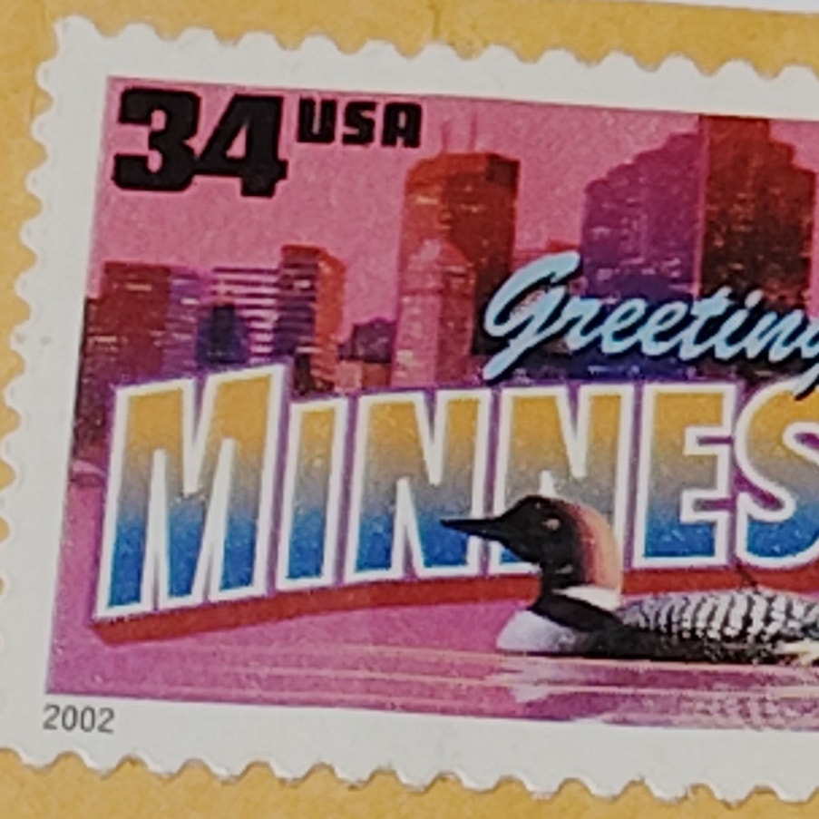 2002 Greetings from Minnesota 34¢ US Stamp Loon Skyline Unused on Envelope Piece