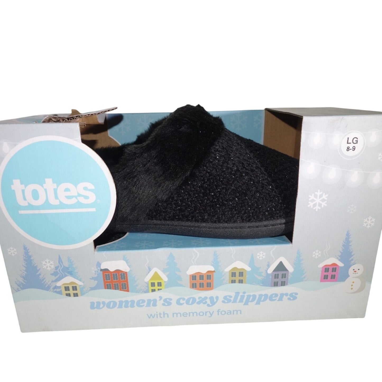 Totes Women’s Large 8‑9 Black Sparkle Faux Fur Memory Foam Slippers
