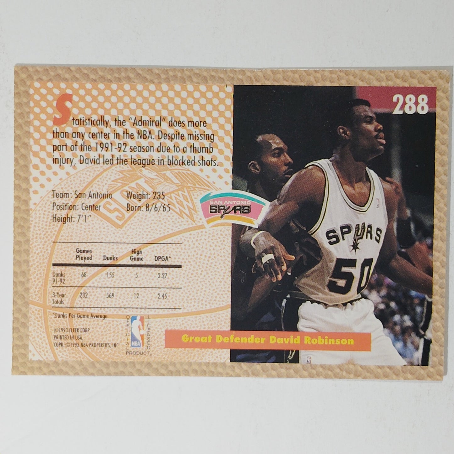 1992-93 Fleer David Robinson Card No. 288 – Slam Dunk – Spurs – VG/EX