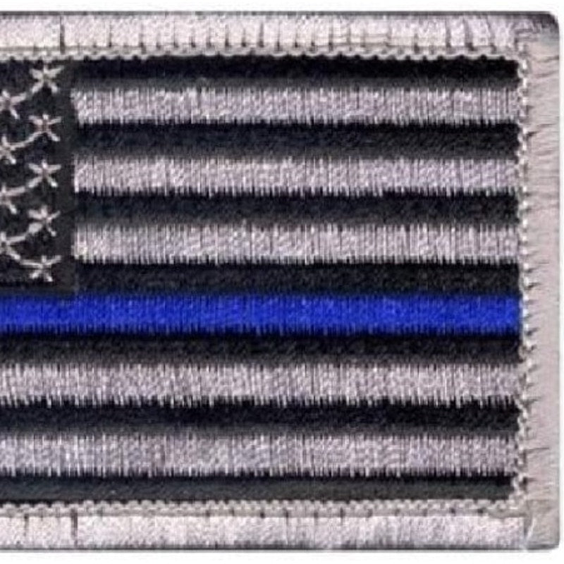 Thin Blue Line US Flag Patch Silver Border Law Enforcement Hook Back 3-3/8x1-7/8