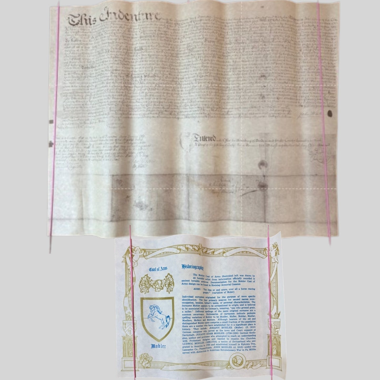 Mohler Family Historical Land Deed & Heraldic Genealogy Surname Documents Set