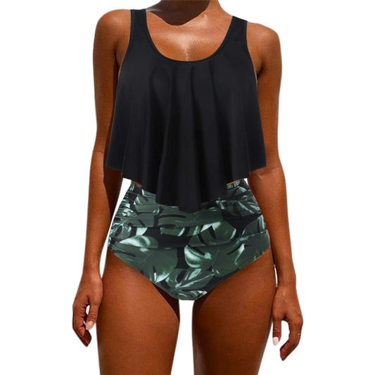 OMKAGI Ruffle Bikini, High Waisted Bottom Plus Tankini, Black Leaf, XL (8-10)