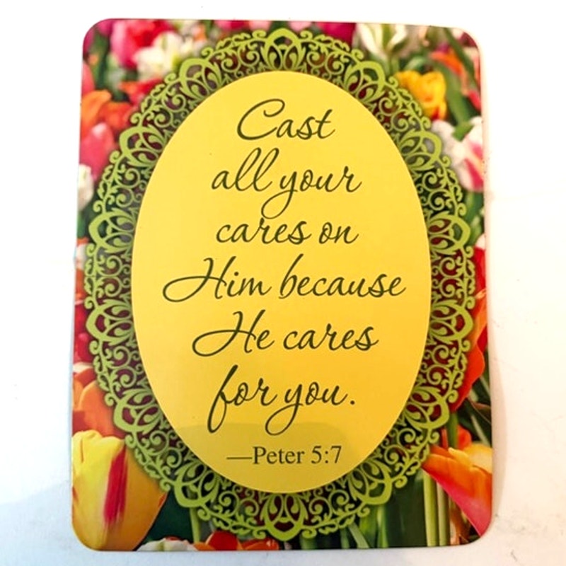 Christian Scripture Fridge Magnet 1 Peter 5:7 Tulip Field Lace Design 4.5x3.5