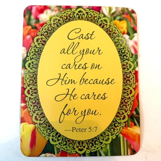 Christian Scripture Fridge Magnet 1 Peter 5:7 Tulip Field Lace Design 4.5x3.5