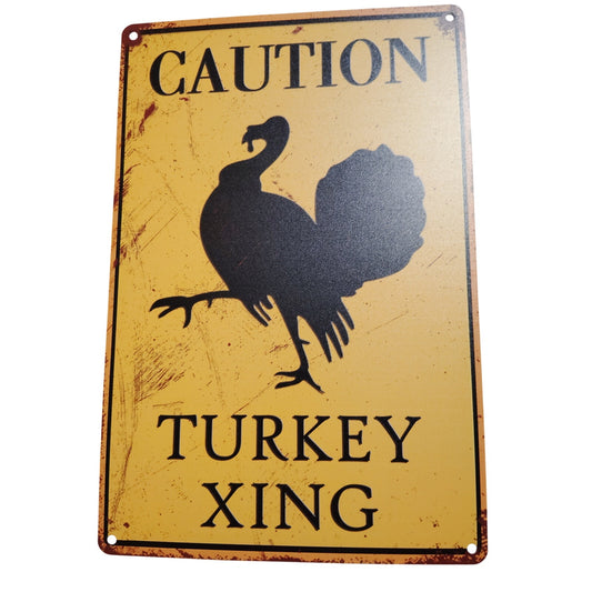 Retro Tin Sign “CAUTION – TURKEY XING”, 12x8 Vintage Metal Road Crossing Plaque