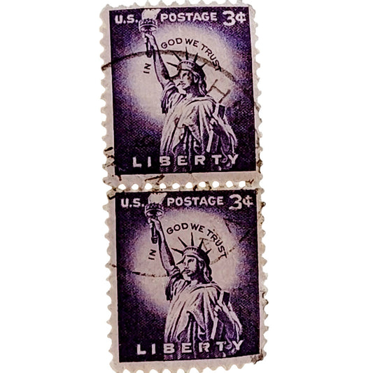 Vertical Pair 1954 USA 3¢ Statue of Liberty Scott 1035 Liberty Series - Canceled