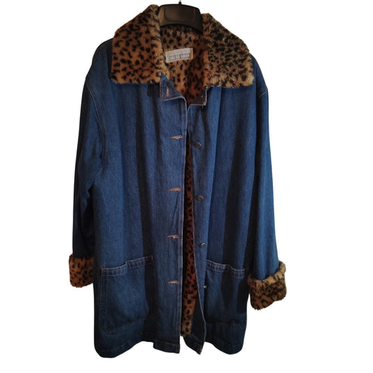 Dress Barn Denim Jacket Leopard Faux Fur Lining Blue Western L 14-16
