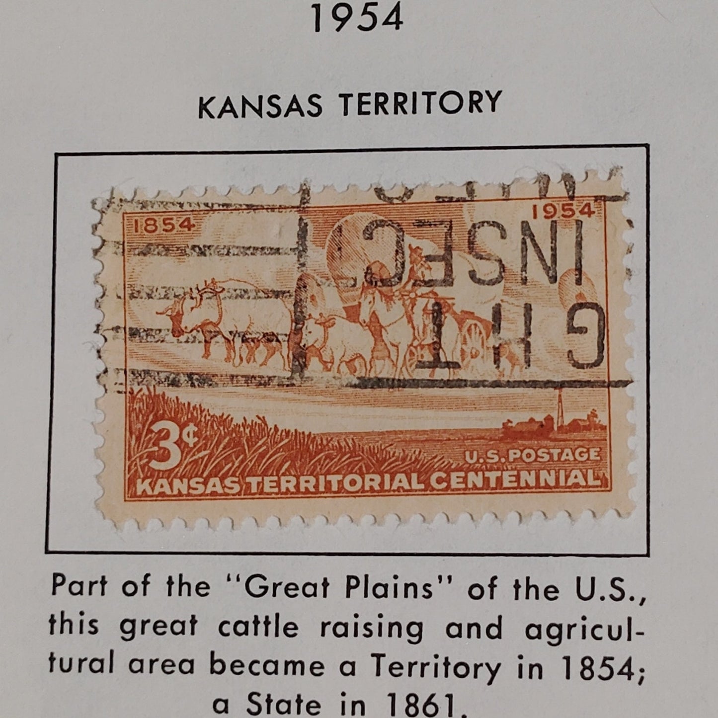 1954 3¢ Kansas Territorial Centennial Stamp – Scott #1061 – Covered Wagon & Oxen