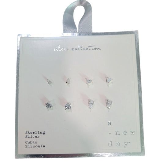 Sterling Silver Rectangle & Pear Cubic Zirconia Stud Earrings 4pc Set a New Day Nickel-Free