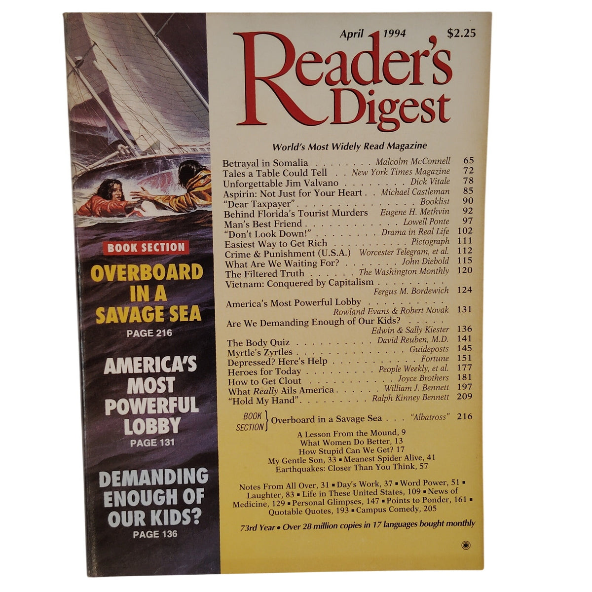 Reader's Digest April 1994 Back Issue - Overboard in a Savage Sea Magazine