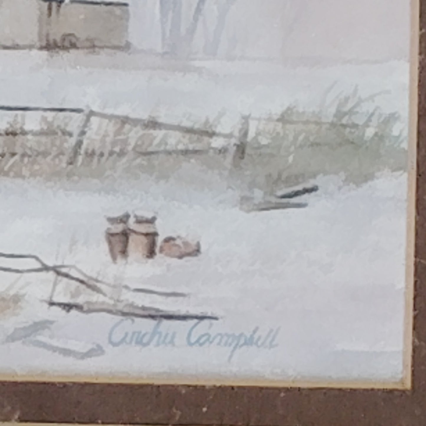 Signed Archie Campbell Framed Winter Landscape Print Rustic Barn Farmhouse Scene