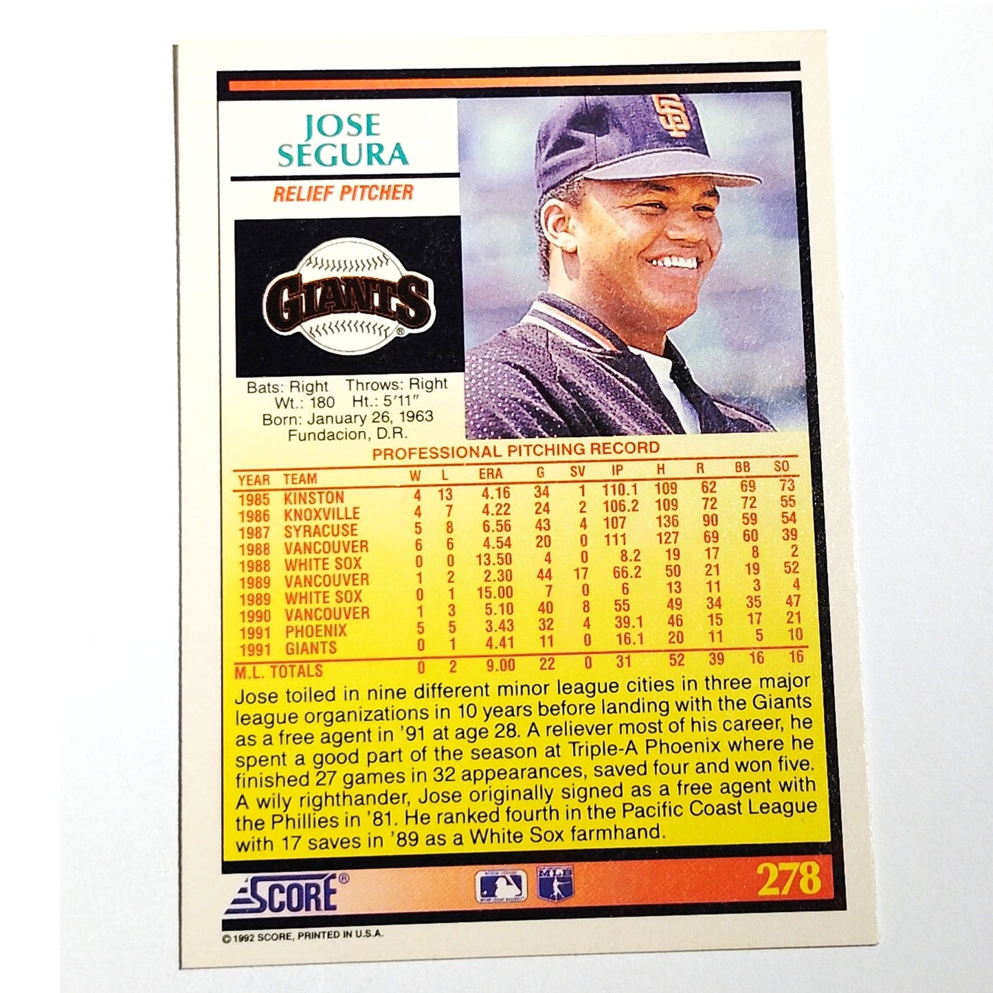 1992 Score José Segura #278 San Francisco Giants Relief Pitcher MLB Baseball NM