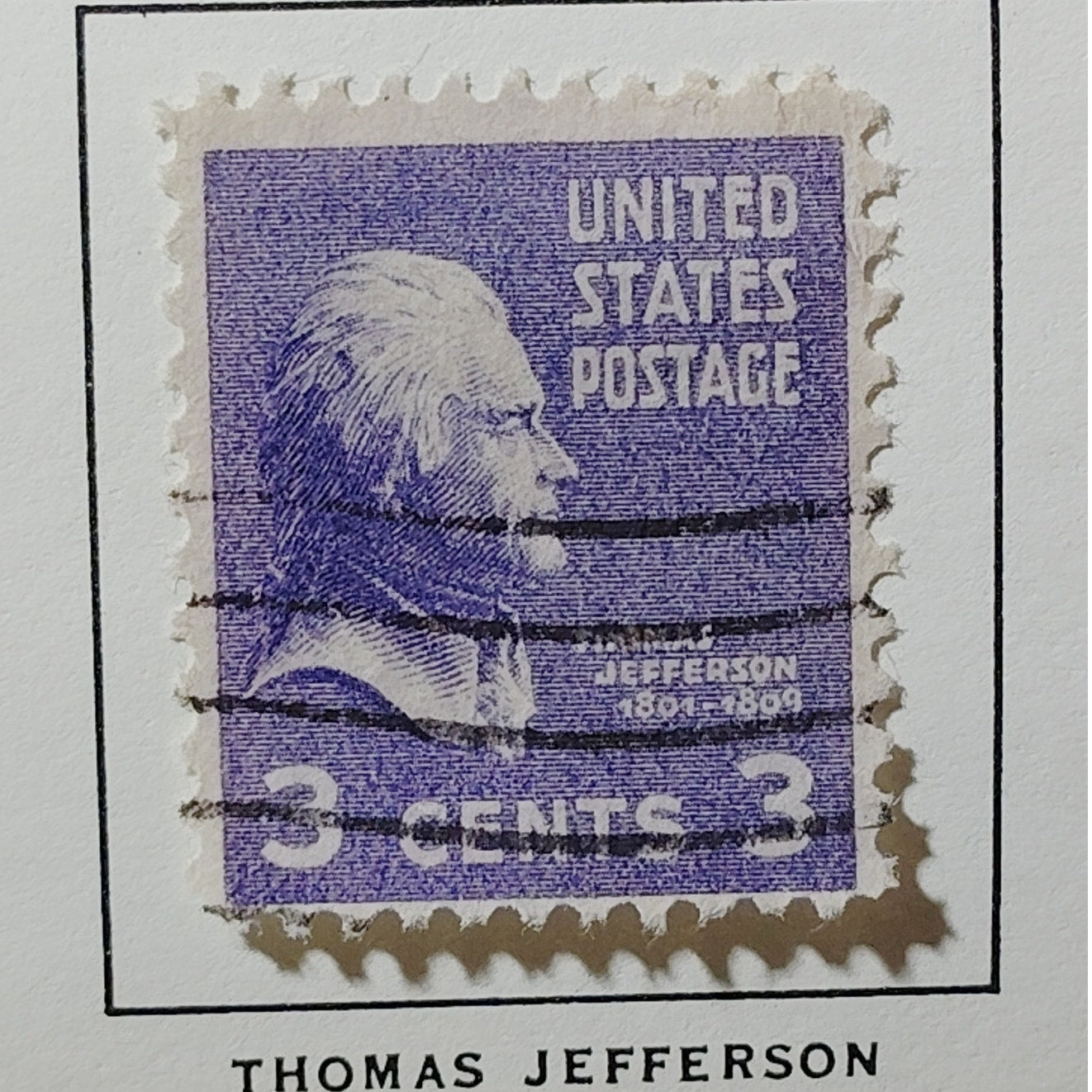 1938 US Postage Stamp #807 Thomas Jefferson Presidential Series 3 Cent Used