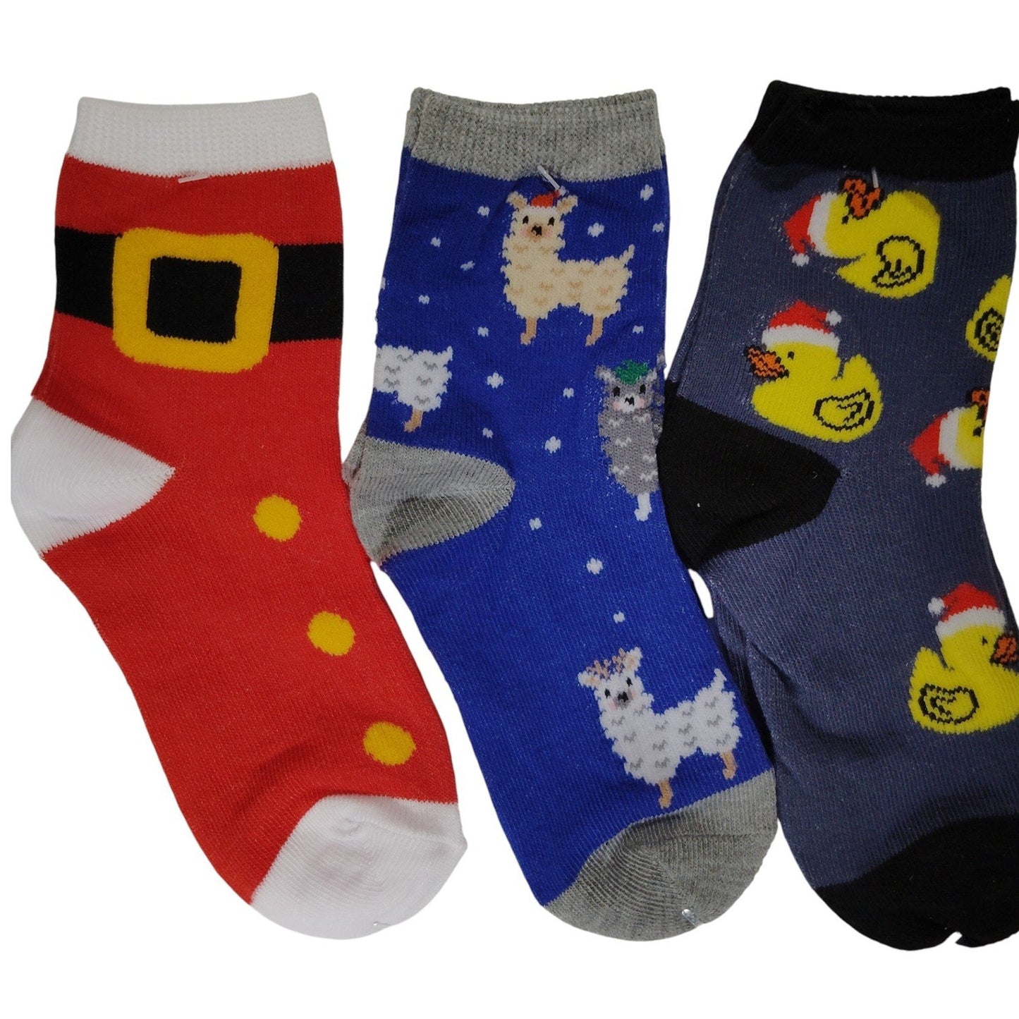 Kids Holiday Crew Socks – 4-Pk (Santa Belt, Llamas, Ducks, Ornaments) Size 7–8.5