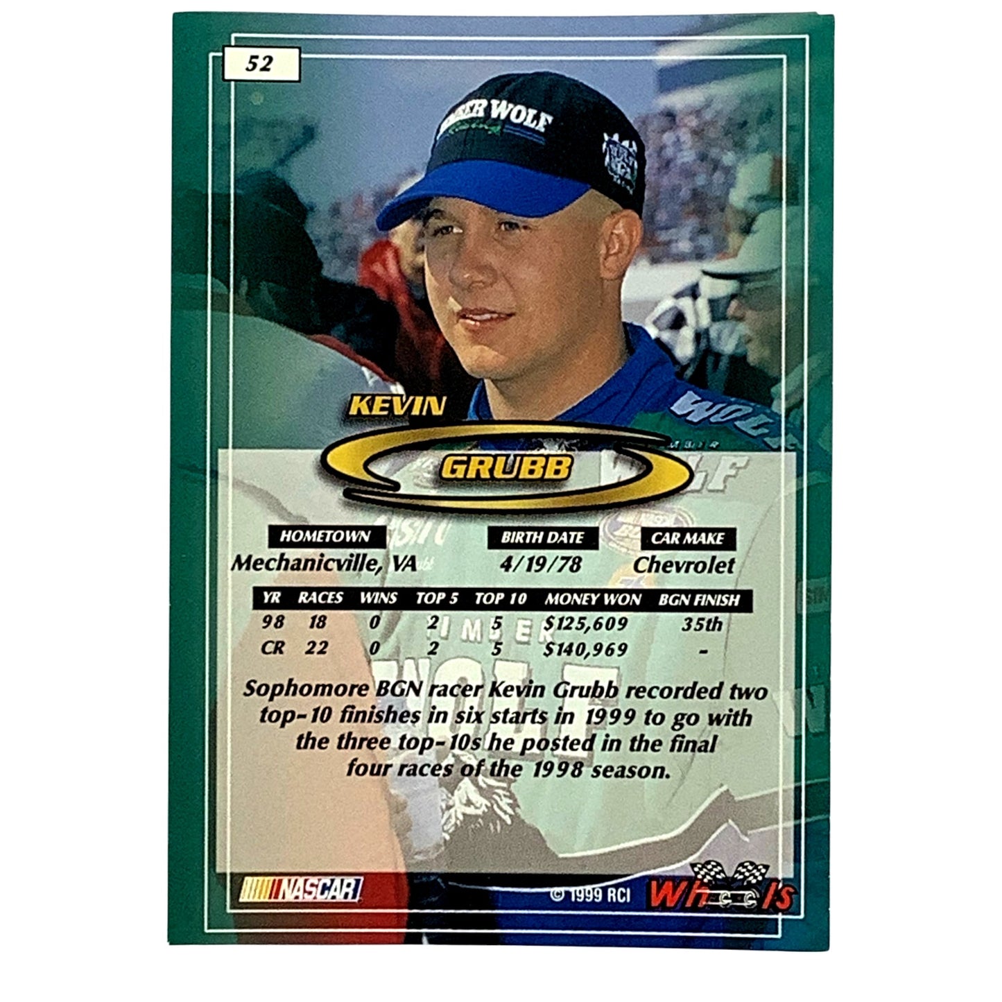 Kevin Grubb, Sponsor: Timber Wolf Racing #52 1999 Wheels NASCAR Winston Cup, NM+