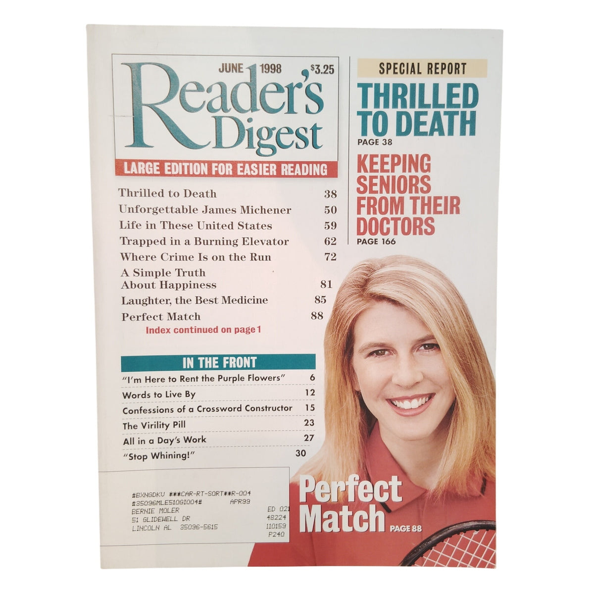 Reader's Digest June 1998 Large Print Edition Vintage Magazine Tennis Cover