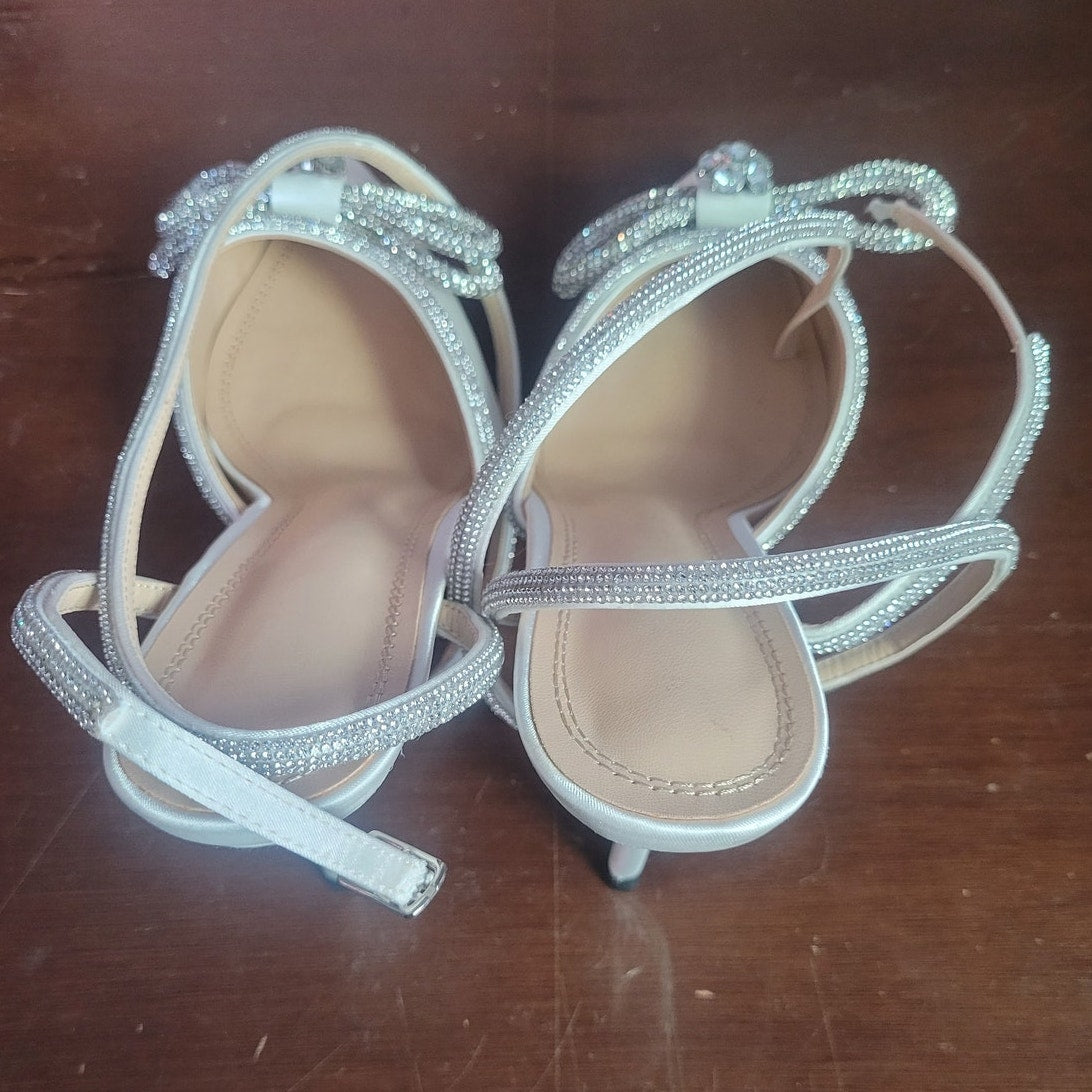 VETASTE Double Bow Crystal Stilettos, Silver, Women’s 9, Pointed Toe Satin Heels