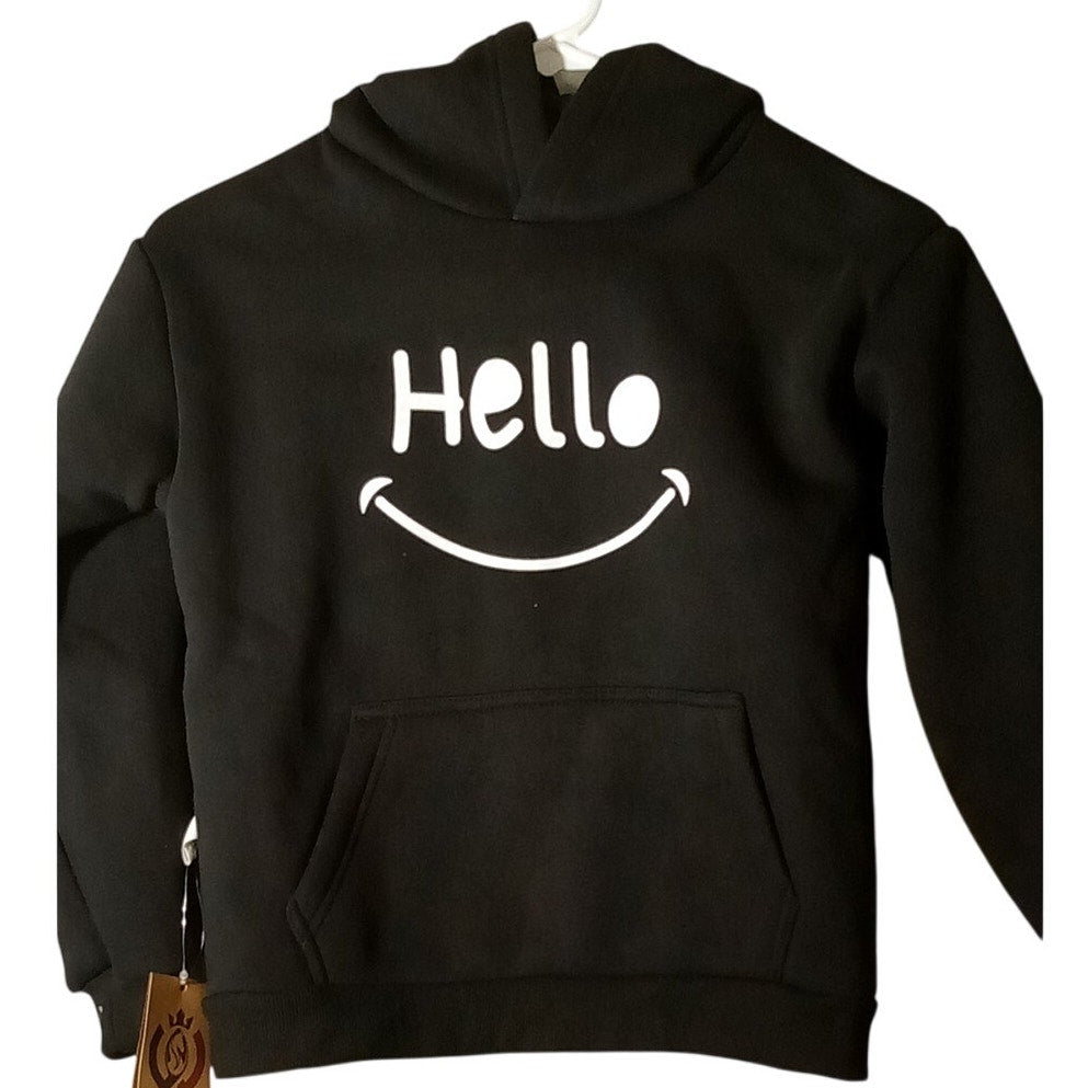 Girl's Black "Hello" L/S Fleece Hoodie Sweatshirt, Size ? (Check Measurements)