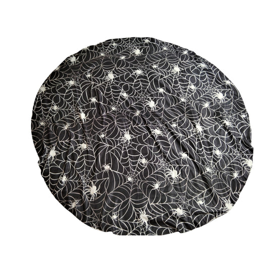 Spider Web Tablecloth – 5 Ft Diameter Round Halloween Tapestry – Black Background with White Spiders