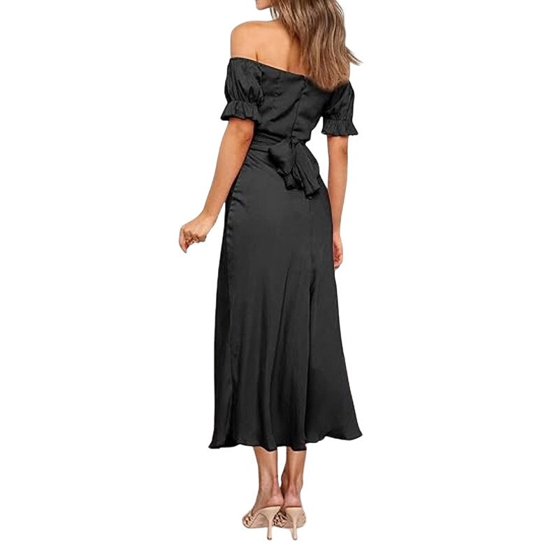 KIRUNDO 2024 Satin Midi Dress Off Shoulder Wrap Ruched, Slim Fit, XL (16)