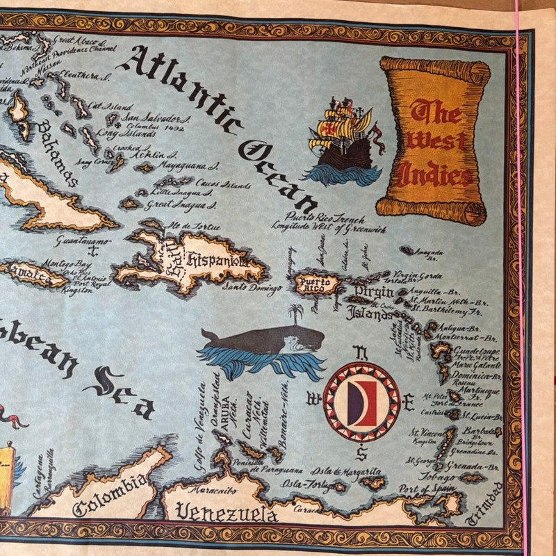 VTG 70s Carnival Cruise Carnivale Map Poster - Caribbean Treasure Map, 22"x17"