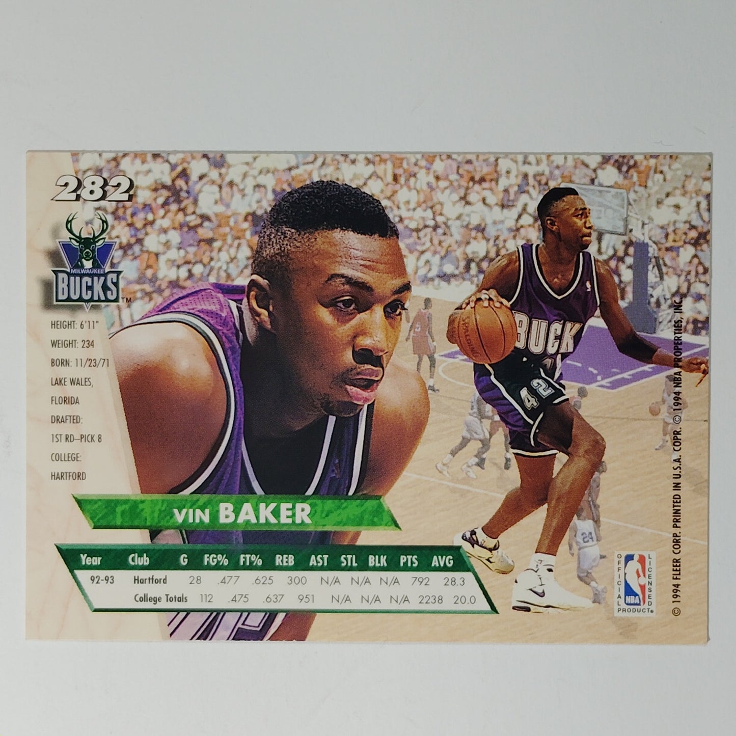 1993-94 Ultra Vin Baker #282 Milwaukee Bucks Forward, NBA Rookie Card