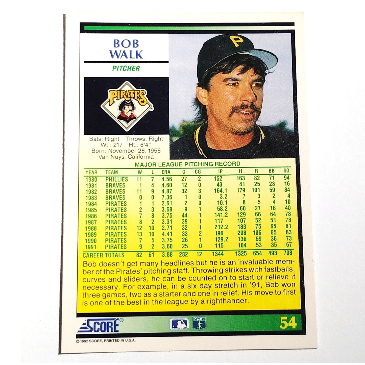 1992 Score Bob Walk #54 Pittsburgh Pirates Pitcher MLB Baseball NM