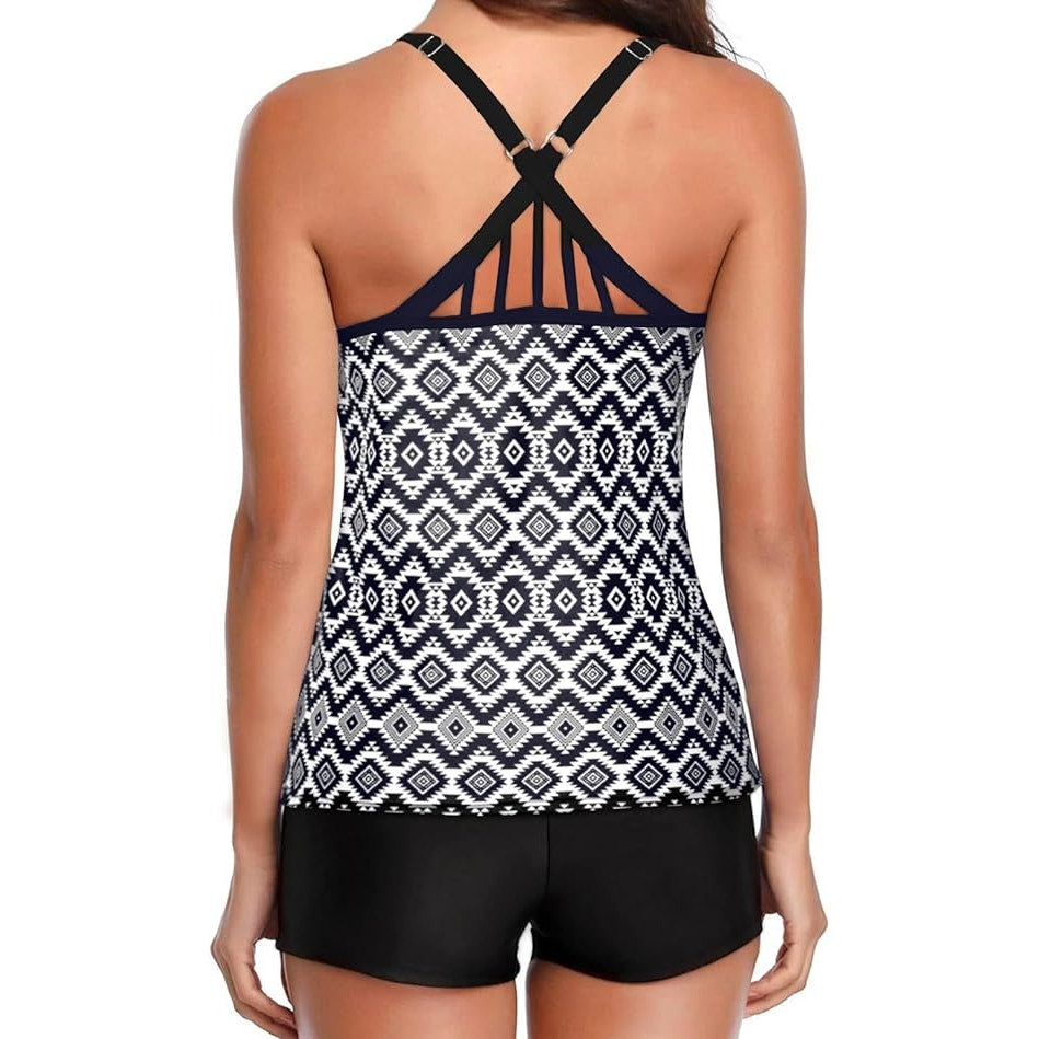 Yonique 2 Piece Tankini w/ Boy Shorts Athletic Swim Tank Top Geometry L (12-14)