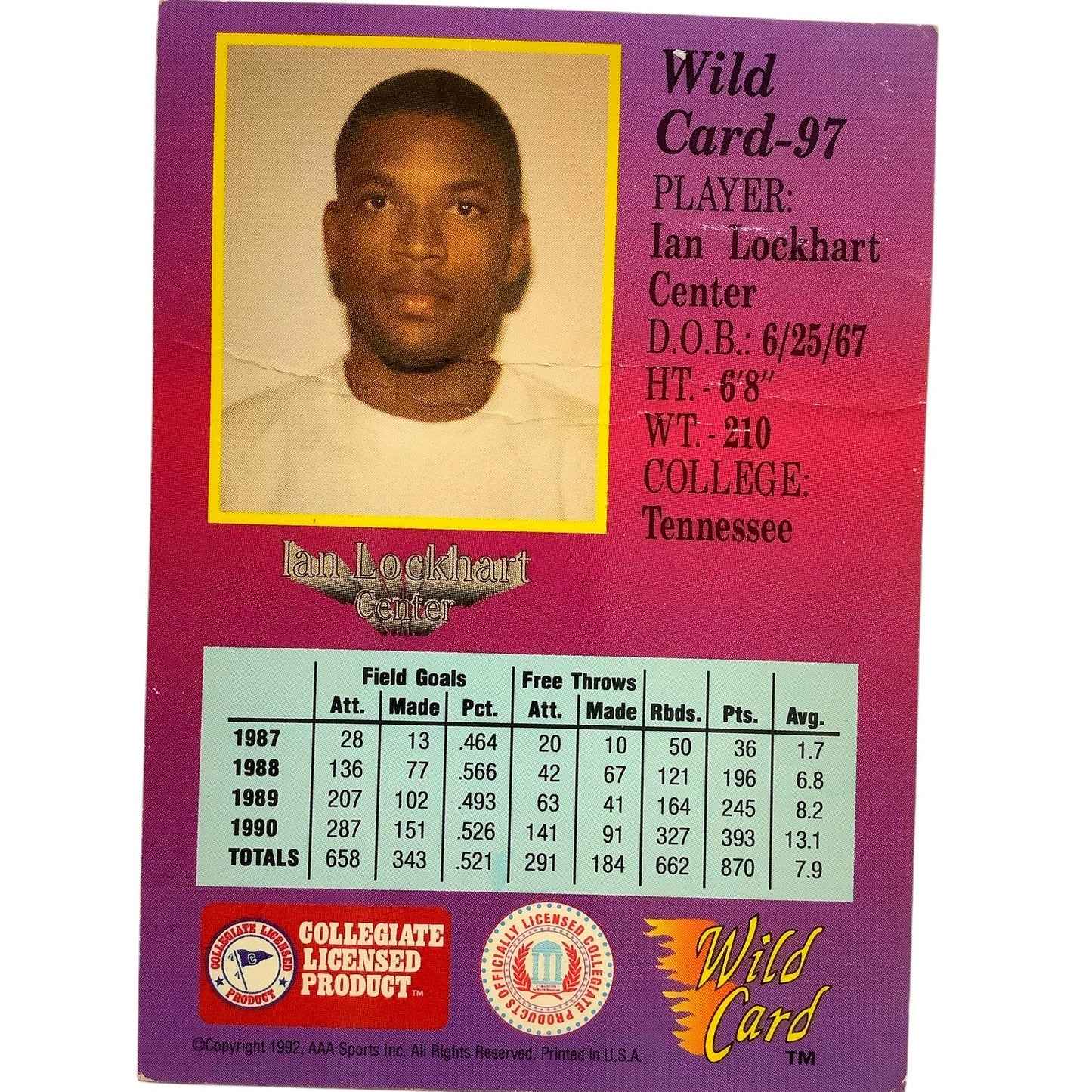 Ian Lockhart, Tennessee, 1992 Collegiate Basketball Premier Ed. Wild Card 97 EXC