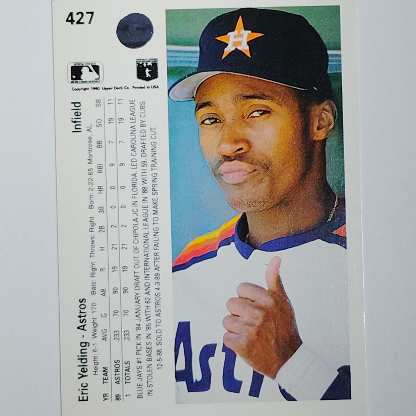 1990 Upper Deck Eric Yelding #427 Houston Astros Infielder Action Shot - VG/EX