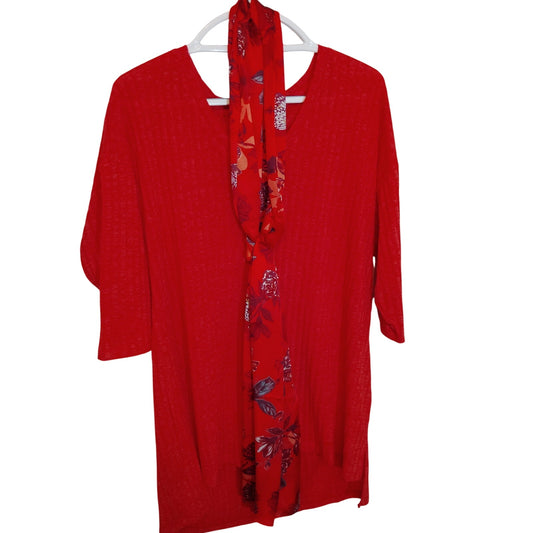 Faded Glory Red Tunic Top & Floral Scarf Set Women’s 1X Excellent Estate Outfit