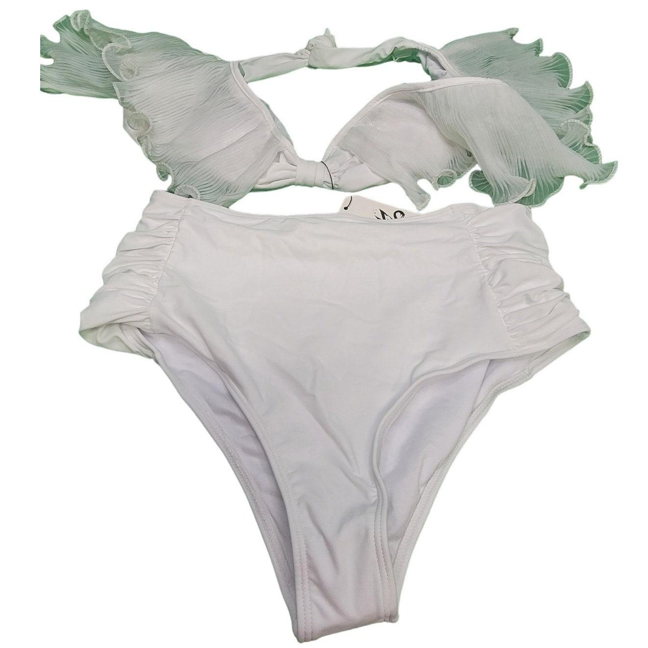 Sporlike High Waisted Swim Pleated Lace Ruffle Bikini Padded, Milky, L (12-14)